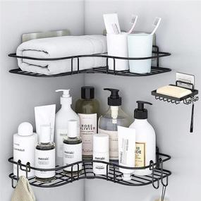 img 4 attached to 🚿 Premium Corner Shower Caddy, 2 Pack Rustproof Hanging Shelf with Adhesive Hooks - Convenient Bathroom, Toilet, Kitchen Organizer with Soap Holder Rack (Black)