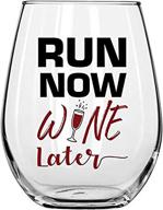 15oz stemless wine glass with funny sayings - run now 🍷 wine later by momstir: unique novelty for runners, athletes, and wine lovers logo