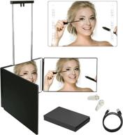 🪞 portable travel diy barber mirror - rechargeable 3 way mirror with adjustable telescoping hooks, lighted makeup mirror, real glass trifold mirror for self hair cutting & styling- 360° true mirror logo