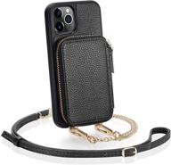 📱 black zve iphone 11 pro max wallet case with crossbody chain handbag purse, credit card holder slot, wrist zipper, and leather case cover for apple iphone 11 pro max 6.5 inch 2019 logo