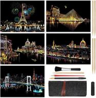 🌈 rainbow scratch paper painting pads art craft night view scratchboard for adults and kids - 16” x 11.2” - 5 pack with 9 tools in bag (eiffel tower / louvre / florence / venice / tokyo) logo