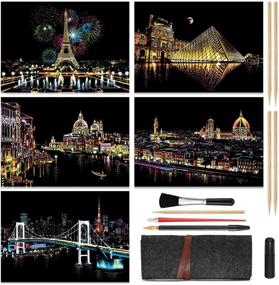 img 4 attached to 🌈 Rainbow Scratch Paper Painting Pads Art Craft Night View Scratchboard for Adults and Kids - 16” x 11.2” - 5 Pack with 9 Tools in Bag (Eiffel Tower / Louvre / Florence / Venice / Tokyo)