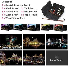 img 2 attached to 🌈 Rainbow Scratch Paper Painting Pads Art Craft Night View Scratchboard for Adults and Kids - 16” x 11.2” - 5 Pack with 9 Tools in Bag (Eiffel Tower / Louvre / Florence / Venice / Tokyo)