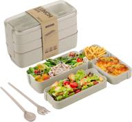 🍱 bento box for adults and kids - 3-in-1 meal prep container with compartment, 900ml japanese lunch box made of wheat straw - leak-proof, bpa-free, beige - includes spoon & fork логотип