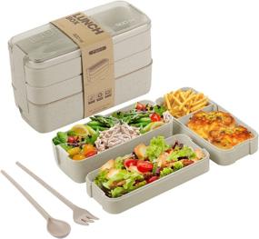 img 4 attached to 🍱 Bento Box for Adults and Kids - 3-in-1 Meal Prep Container with Compartment, 900ML Japanese Lunch Box made of Wheat Straw - Leak-proof, BPA-free, Beige - Includes Spoon & Fork