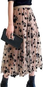 img 4 attached to BABAMOON Women's Chiffon Tulle Elastic Waist Floral Print Mesh Overlay Layered A-Line Midi Skirt