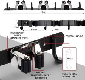 img 3 attached to 🧹 Goowin Heavy Duty Stainless Steel Broom Holder Wall Mount with 3 Racks 4 Hooks - Ideal for Bathroom, Kitchen, and Office Organization (Black)