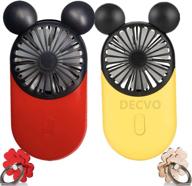 🐭 decvo cute personal mini fan: handheld usb rechargeable fan with led light - 3 speeds, portable holder - indoor/outdoor activities - cute mouse 2 pack (red+yellow) logo