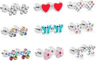luxu kisskids stainless steel girls' stud earrings: colorful flower cz inlaid toddler piercing jewelry with screw backs logo