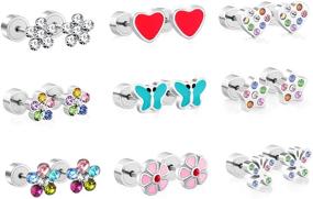 img 4 attached to LUXU kisskids Stainless Steel Girls' Stud Earrings: Colorful Flower CZ Inlaid Toddler Piercing Jewelry with Screw Backs