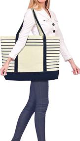 img 3 attached to 👜 DALIX Deluxe Navy Blue Cotton Canvas Large Stripe Tote Shoulder Bag