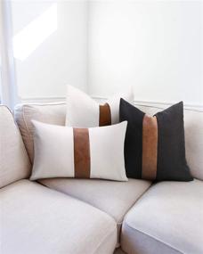 img 1 attached to 2-Piece White Linen Patchwork Faux Leather Lumbar Pillow Covers - 🌿 Modern Accent Decor for Living Room, Bedroom - 12X20 inch, Brown & White