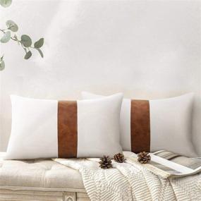 img 3 attached to 2-Piece White Linen Patchwork Faux Leather Lumbar Pillow Covers - 🌿 Modern Accent Decor for Living Room, Bedroom - 12X20 inch, Brown & White