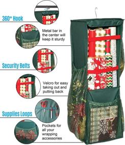 img 2 attached to Hanging Wrapping Paper Storage - Spacious 20-Roll Capacity, 360 Swivel &amp; Durable Gift Wrap Organizer Bag with Side Bin Pockets - Green, 32” x 11” x 10”