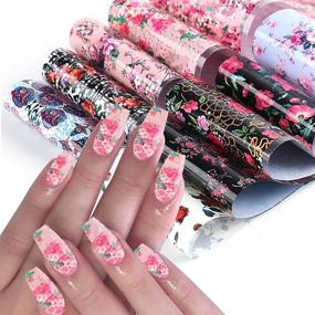 img 3 attached to 🌸 10pcs Retro Holographic Flower Nail Art Stickers with Foil Transfer | Colorful Floral Design | Manicure Tips Wraps | Nail Art Decorations featuring Rose Flowers and Starry Sky