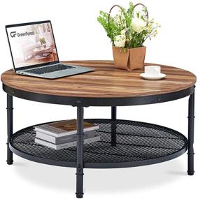 img 2 attached to 🏭 Industrial Round Coffee Table with Storage Shelf and Metal Legs - GreenForest 35.8 inch Dark Oak Sofa Table for Living Room