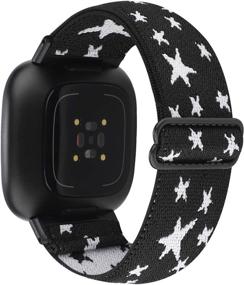 img 4 attached to Adjustable Elastic Watch Band Compatible With Fitbit Versa 3/Fitbit Sense Sports Stretchy Loop Nylon Strap For Women Men (Black White Star)