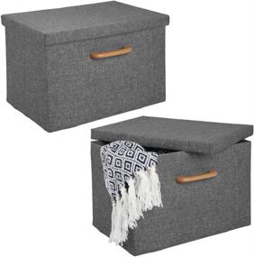 img 4 attached to mDesign Soft Textured Fabric Stackable Storage Box with Wood Handle and Lid Cover for Closet, Bedroom, Hallway, Entryway - Holds Clothing, Accessories, 2 Pack, Charcoal Gray