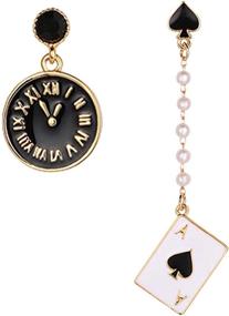 img 4 attached to ⏰ Unique Asymmetric Clock Poker Dangle Earrings: Pentagram Rabbit Alarm Clock Drop Earrings for Women and Girls