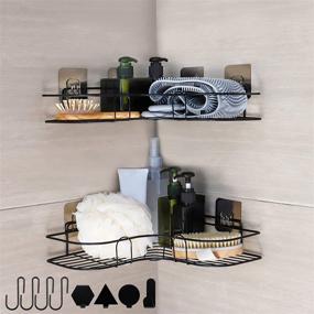 img 4 attached to 🛁 2-Pack Wall Mounted Corner Shower Caddy Shelf with Hooks | Adhesive Bathroom Shelf Organizer | Laundry, Dorm, and Kitchen Storage | No Drilling | Suitable for 90 Degrees Right Angle | Black