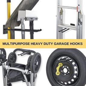 img 3 attached to 🔧 Heavy Duty Garage Wall Mount Organizer Hooks - Ladder Storage Hangers for Chairs, Brooms, Tires, and More. Includes Storage Straps for Heavy Cords. Efficiently Maximize Space in Yard, Shed, or Garage.