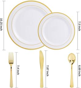 img 3 attached to Supernal 60-Piece Christmas Gold Plastic Dinnerware Set - Elegant Gold Plastic Plates, Silverware, and Rimmed White Plates - Ideal for Christmas Day and Parties!