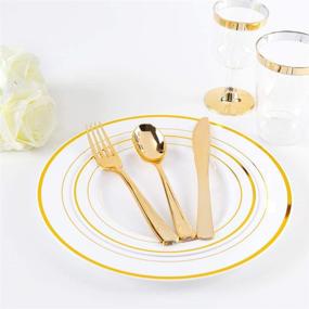 img 2 attached to Supernal 60-Piece Christmas Gold Plastic Dinnerware Set - Elegant Gold Plastic Plates, Silverware, and Rimmed White Plates - Ideal for Christmas Day and Parties!