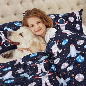 img 1 attached to 🚀 PiccoCasa Kids Space Rocket Print Duvet Cover Set - 3 Piece Bedding Set, Soft Fade & Wrinkle-Resistant, with 2 Pillowcases - Twin Size