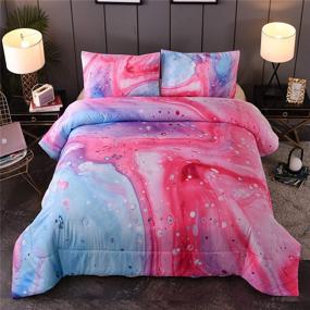 img 3 attached to 🌄 Aesthetic Pink Marble Blue Burning Mountain Watercolor Design Comforter Set - Ultra Soft Retro Style Artwork (Pink-Marble, Queen)