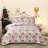 🎄 full/queen size kids christmas quilt set - lightweight red white bedding with reversible cartoon bedspread design: christmas tree, bus, xmas new year holiday bedding decor logo
