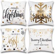 🎄 onway xmas decoration set of 4 gold snowflakes merry christmas soft velvet throw pillow covers 18 x 18, gold foil xmas white - perfect for holiday decor логотип