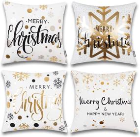 img 4 attached to 🎄 ONWAY Xmas Decoration Set of 4 Gold Snowflakes Merry Christmas Soft Velvet Throw Pillow Covers 18 x 18, Gold Foil Xmas White - Perfect for Holiday Decor