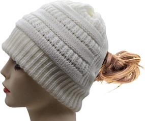 img 3 attached to HHNLB Women's Beanie Ponytail Hat: Warm & Stylish Winter Hat with Cross Criss Hole, Soft & Stretchy Cotton Knit Skull Cap