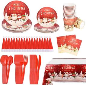 img 2 attached to 🎄 Christmas Party Supplies Set - Disposable Tableware for Christmas Decorations, Includes Paper Plates, Cups, and Tableware, Serves 16