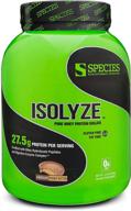 протеиновый порошок species nutrition isolyze для наращивания мышц - 100% сывороточный изолят белка, 27,5 г на одну порцию, без сахара и с низким содержанием жира - вкус шоколадно-арахисового масла, 44 порции. логотип