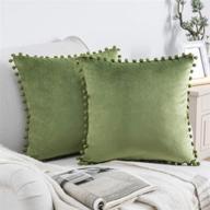 🌿 phantoscope pack of 2 pom poms velvet decorative throw pillow covers - soft solid square cushion case - light green 18x18 inches (45x45cm) logo