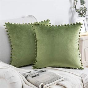 img 4 attached to 🌿 Phantoscope Pack of 2 Pom Poms Velvet Decorative Throw Pillow Covers - Soft Solid Square Cushion Case - Light Green 18x18 inches (45x45cm)