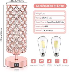 img 2 attached to 🌹 Touch Control Crystal Rose Gold Table Lamp Set of 2 - 3-Way Dimmable & USB Charging Ports - Decorative Pink Bedside Desk Lamp for Bedroom & Living Room - LED Bulb Included