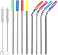 premium 10.5 inch stainless steel straws set - long reusable metal straws for 20/30 oz tumbler, enjoy cold beverages, coffee or wine - includes 4 strainght + 4 bent + 8 removable rainbow silicone covers + 2 free brushes logo