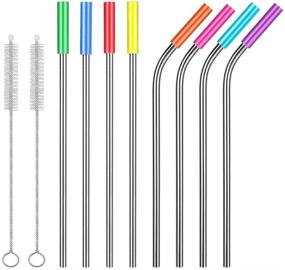 img 4 attached to Premium 10.5 Inch Stainless Steel Straws Set - Long Reusable Metal Straws for 20/30 OZ Tumbler, Enjoy Cold Beverages, Coffee or Wine - Includes 4 Strainght + 4 Bent + 8 Removable Rainbow Silicone Covers + 2 Free Brushes