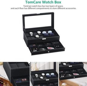 img 2 attached to 🕶️ TomCare Watch Box Watch Case Weave Pattern Watch Organizer Lockable Jewelry Case with Drawer Sunglasses Holder Earrings Storage PU Leather Jewelry Organizer with Glass Top for Men Women - Black