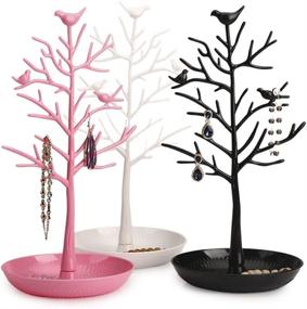 img 1 attached to 🌸 ChezMax Jewelry Display Organizer Stand with Tray - Necklace, Earring, Bracelet, Rings Rack Tower Decoration for Women & Girls - Plastic Birds Tree Holder in Antique Pink - 11.8 Inch