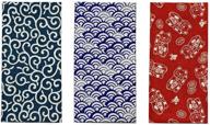 authentic made in japan komon tenugui towel set: karakusa, blue waves, maneki neko designs logo
