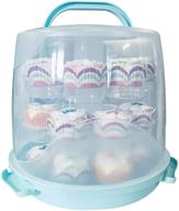 minedecor cupcake carrier cake holder - portable 3 tier cupcake transporter box with locking lid and handle for muffins, pies, and cookies (blue) logo