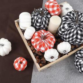 img 1 attached to 🎃 Vibrant Fall Outdoor Decorating: FUNARTY 12pcs Buffalo Plaid Artificial Pumpkins in Assorted Colors and Sizes for Halloween, Thanksgiving