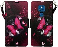 🦋 zase moto g play 2021 wallet phone case: cute hot pink butterfly design, flip folio cover with kickstand, id holder, card slot, and wrist strap - perfect for motorola g play 2021 6.5-inch! logo