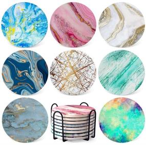 img 4 attached to Colorful Ceramic Stone Coasters - Absorbent Drink Coaster Set of 8 with Cork Base and Holder - Anti Scratch Protection for Wooden Coffee Table and Bar Décor - Perfect Housewarming Gifts