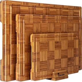 img 4 attached to 🔪 Set of 3 Extra Large Bamboo Cutting Boards with Juice Groove - Butcher Block Chopping Boards for Kitchen, End Grain Serving Tray - Bamboo Wood Cutting Board Set by Kikcoin