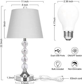 img 3 attached to 💡 Enhance Your Bedroom Décor with Boncoo's Set of 2 Crystal Table Lamps - Dual USB Charging Ports, Modern Design, Gray Lampshade, A19 LED Bulb Included