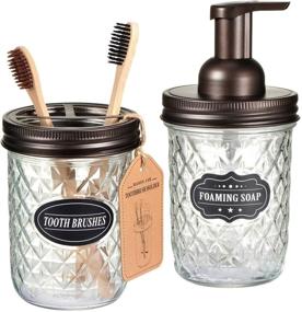 img 4 attached to 🛁 Mason Jar Bathroom Accessories Set - Rustic Farmhouse Decor for Organized Vanity - Bronze Apothecary Jars, Foaming Hand Soap Dispenser & Toothbrush Holder